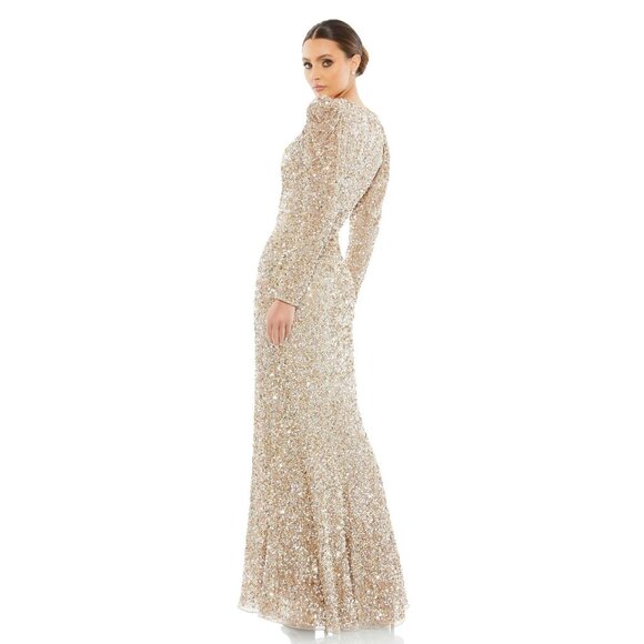 Mac Duggal Puff Sleeve Sequined Surplice Gown Shimmering Gold 8 New Womens Long - Picture 2 of 10